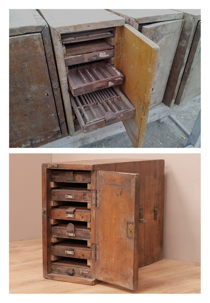 Antique printer's cabinet. These only needed to be washed, sanded and waxed to bring the teak back to life