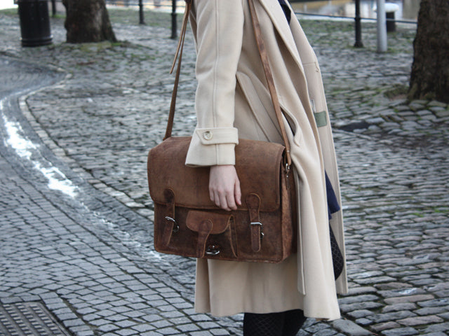 Fritha with her large wide leather satchel