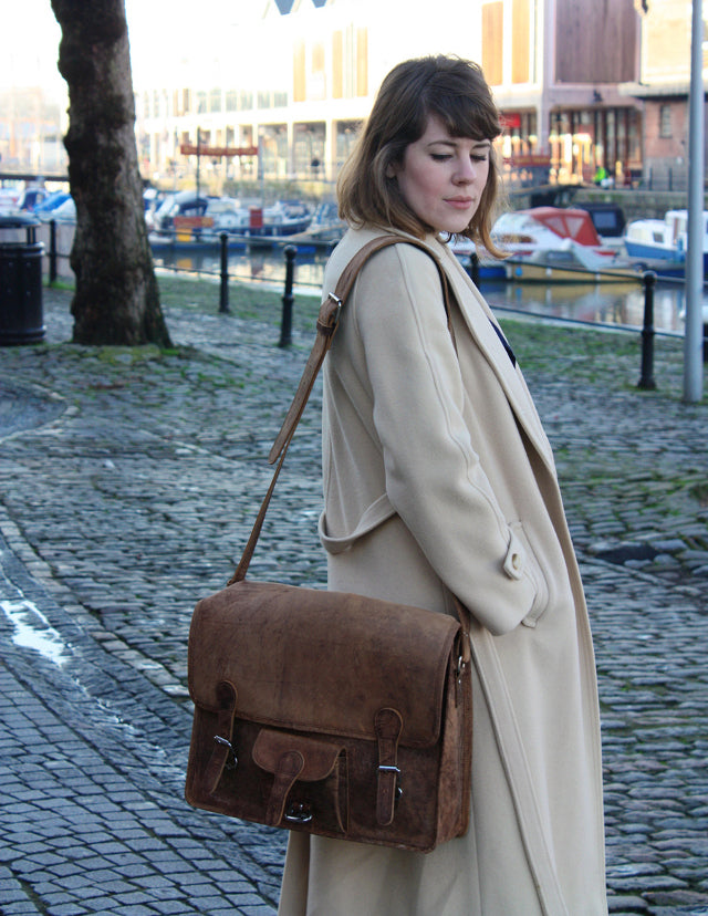 girl's large leather satchel Fritha and her large wide leather satchel